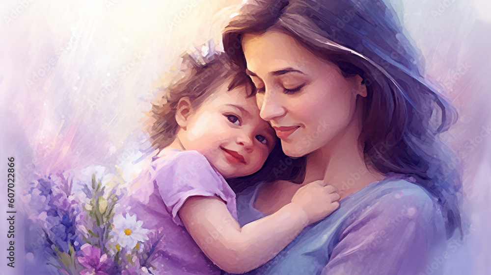 Painted image of a young mother holding her daughter in her arms, parenthood, mother's day Painted image of a young mother holding her daughter in her arms, parenthood, mother's day