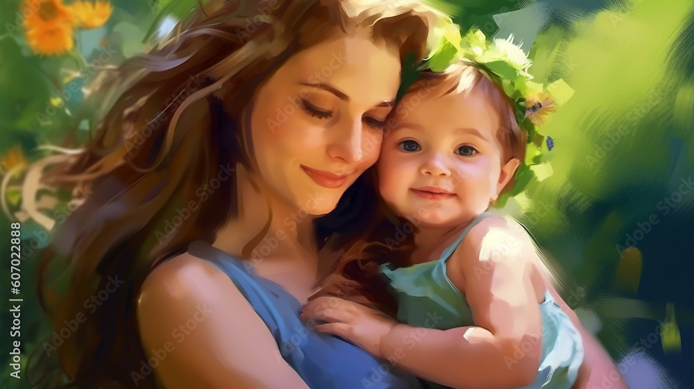 Painted image of a young mother holding her daughter in her arms, parenthood, mother's day Painted image of a young mother holding her daughter in her arms, parenthood, mother's day