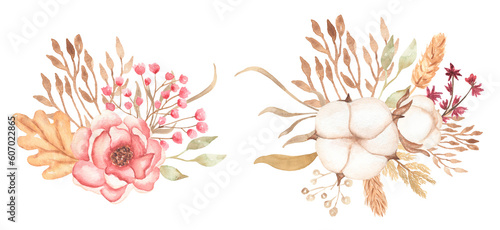 Hello, Autumn illustration set. Set fall floral bouquets. Pink peony, cotton and dried leaves and flowers.