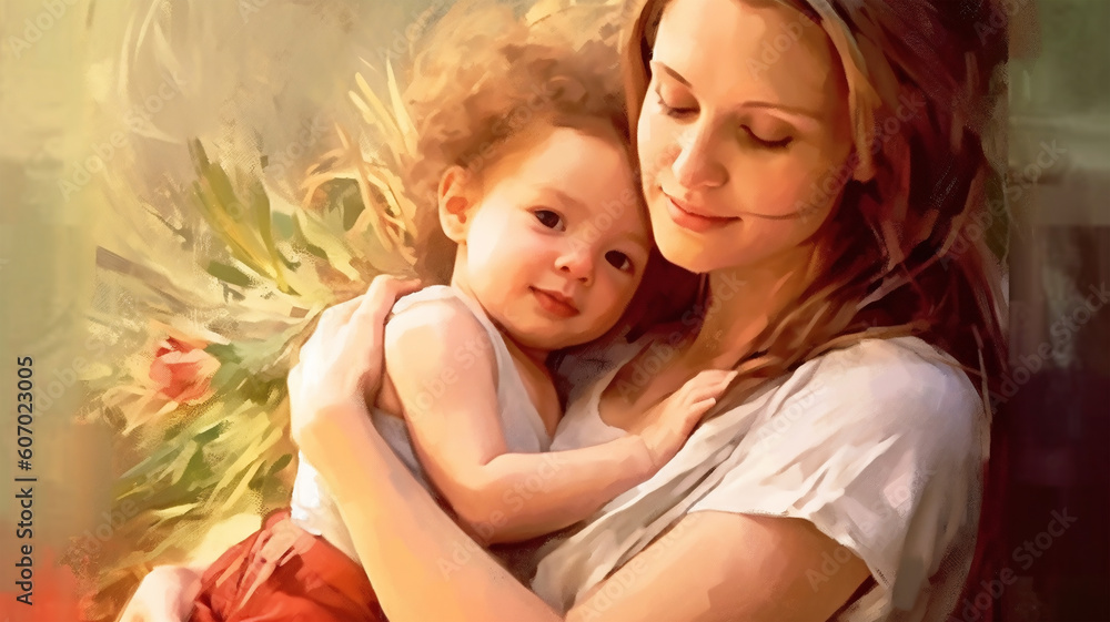 Painted image of a young mother holding her daughter in her arms, parenthood Painted image of a young mother holding her daughter in her arms, parenthood