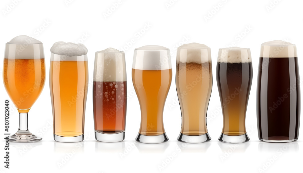 Indulge in the diverse world of beer with this captivating collection featuring eight different types of draft beers, expertly isolated on a crisp white background. 🍺