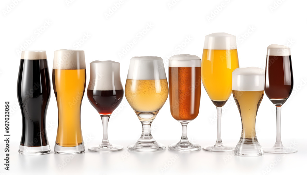 Indulge in the diverse world of beer with this captivating collection featuring eight different types of draft beers, expertly isolated on a crisp white background. 🍺 Indulge in the diverse world of beer with this captivating collection featuring eight different types of draft beers, expertly isolated on a crisp white background. 🍺