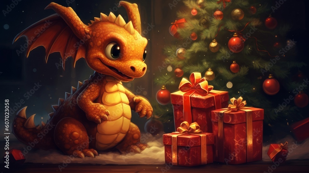 The dragon is a symbol of the new year according to the eastern calendar and a small child is together near the New Year tree with Christmas gifts and lights. AI generated. Generative AI