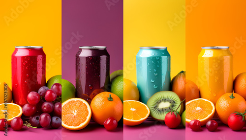 Immerse yourself in a vibrant and flavorful collage that combines the refreshing allure of soda cans with the luscious beauty of sweet fruits and berries, all set against a captivating and colorful.