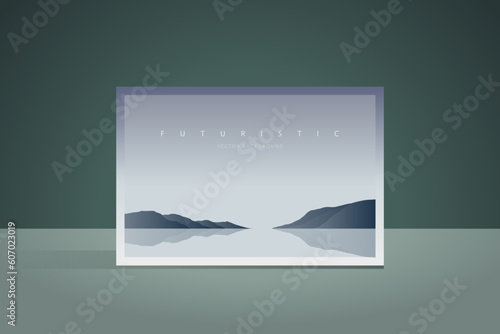 Minimal futuristic landscape. Mountain background with a lonely figure in front of the portal. Sci-Fi poster. Abstract art wallpaper for web, prints, art decoration and applications. Vector