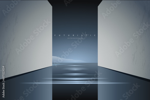 Minimal futuristic landscape. Mountain background with a lonely figure in front of the portal. Sci-Fi poster. Abstract art wallpaper for web, prints, art decoration and applications. Vector