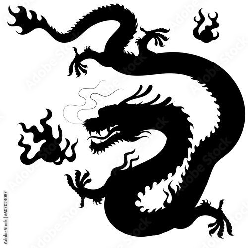 Chinese Dragon playing fire ball vector isolate tattoo silhouette