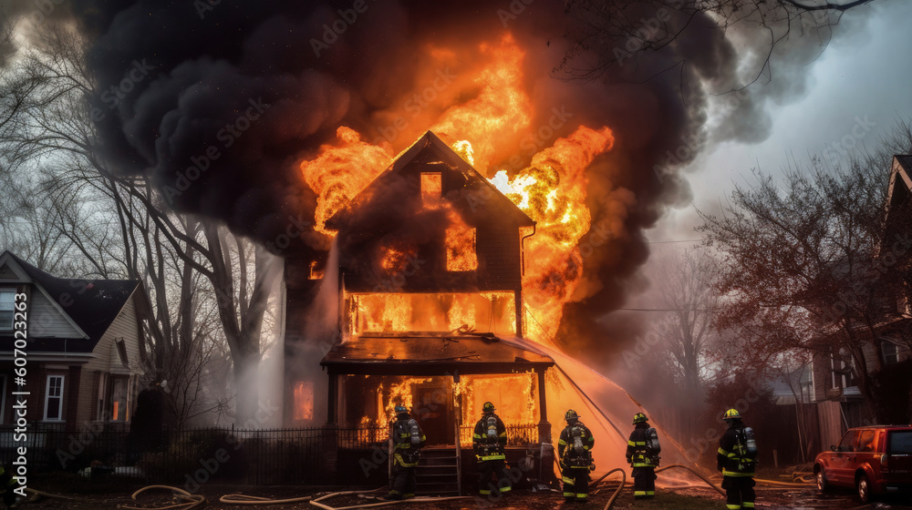 Fire Fighters Putting Out A House Fire, Generative AI