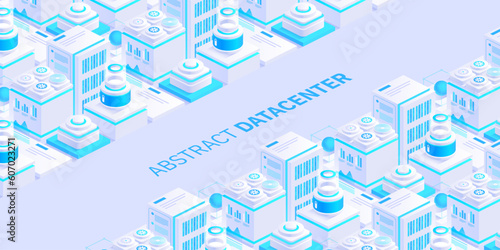 Hosting server isometric vector illustration. Abstract 3d datacenter or blockchain background. Network mainframe infrastructure website header layout. Computer storage or farming workstation.