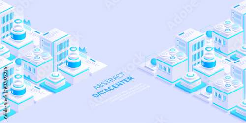 Hosting server isometric vector illustration. Abstract 3d datacenter or blockchain background. Network mainframe infrastructure website header layout. Computer storage or farming workstation. photo