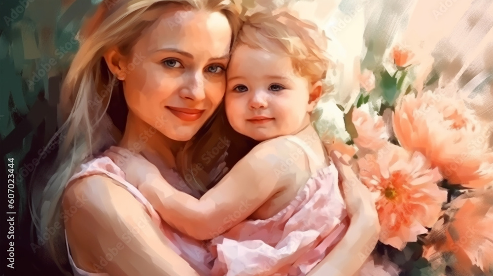 Painted image of a young mother holding her daughter in her arms, parenthood, mother's day Painted image of a young mother holding her daughter in her arms, parenthood, mother's day