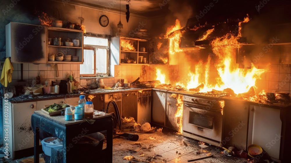 Kitchen with a lot of fire in the middle of it and a stovetop on fire ...