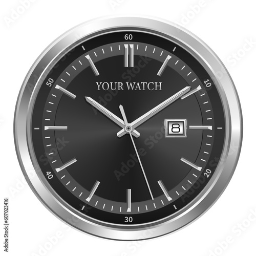 Realistic black silver clock watch black face chronograph luxury on white background vector