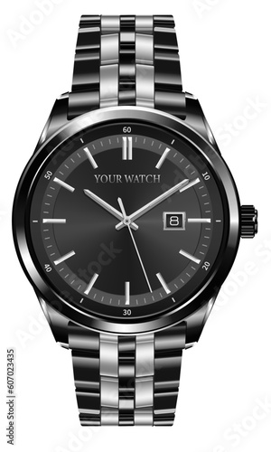 Realistic watch clock chronograph silver steel black design luxury fashion object for men on white background vector