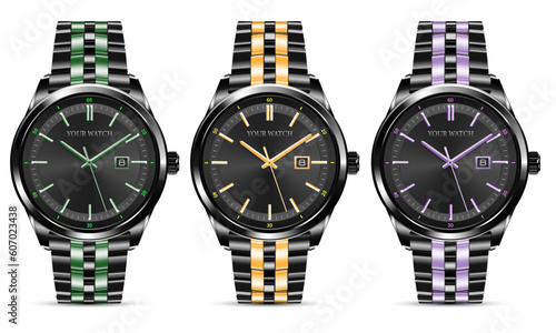 Realistic watch clock chronograph green yellow purple black collection design luxury fashion object for men on white background vector