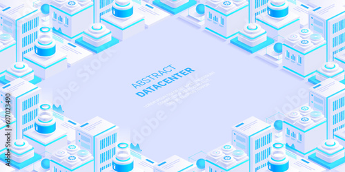 Hosting server isometric vector illustration. Abstract 3d datacenter or blockchain background. Network mainframe infrastructure website header layout. Computer storage or farming workstation.