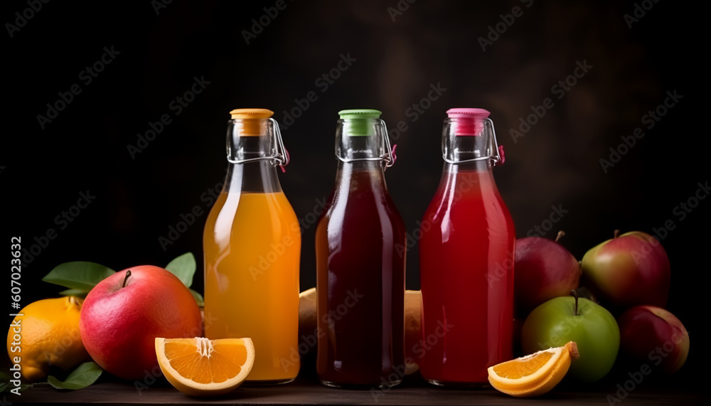 Quench your thirst with the vibrant combination of fruit juice in a refreshing bottle, accompanied by a bountiful assortment of fresh fruits.