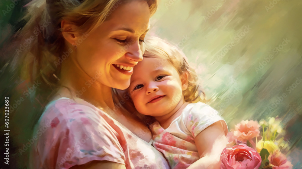 Painted image of a young mother holding her daughter in her arms, parenthood, mother's day Painted image of a young mother holding her daughter in her arms, parenthood, mother's day
