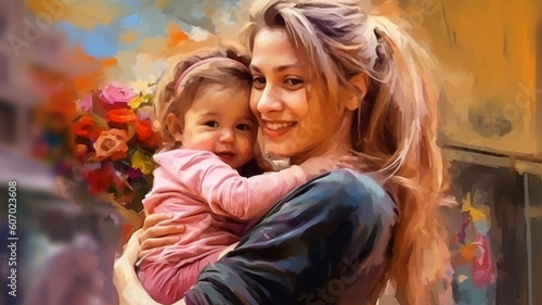 Painted image of a young mother holding her daughter in her arms, parenthood, mother's day © HelgaQ