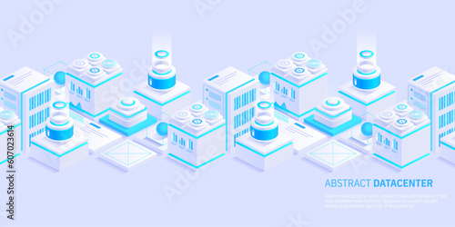 Hosting server isometric vector illustration. Abstract 3d datacenter or blockchain background. Network mainframe infrastructure website header layout. Computer storage or farming workstation.