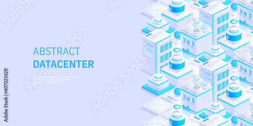 Hosting server isometric vector illustration. Abstract 3d datacenter or blockchain background. Network mainframe infrastructure website header layout. Computer storage or farming workstation.