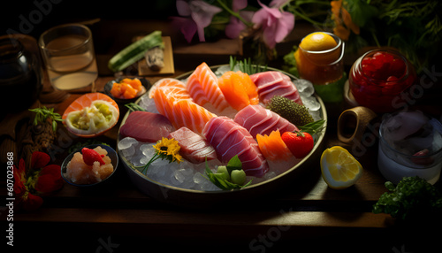 A Japanese sashimi dinner that embodies vibrant airy scenes and raw authenticity. 🍣🎎🌸✨ Immerse yourself in the artistry of this traditional dish as delicate slices of fresh raw fish 🐟🔪