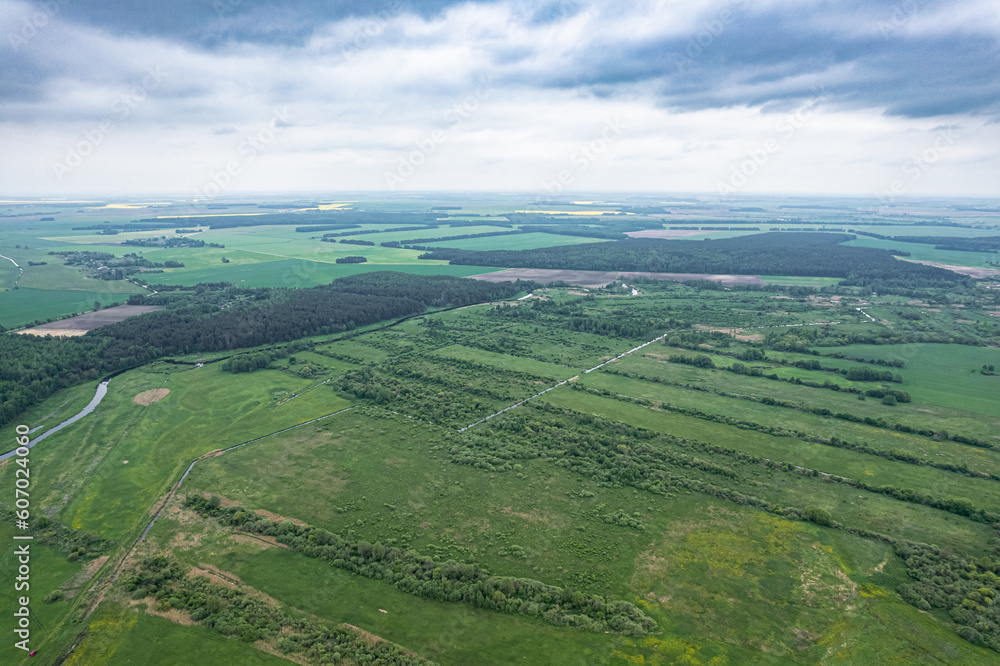 Top view of plowed and sown fields