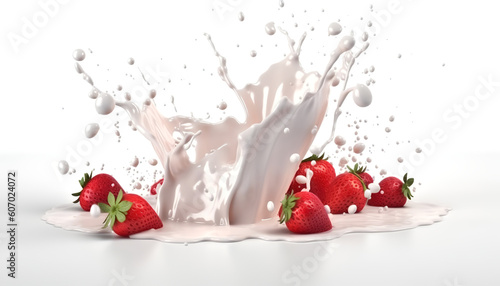 Embark on a delightful sensory journey as the creamy milk or yogurt elegantly splashes amidst a sea of luscious strawberries in this captivating 3D rendering. 