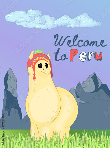 Peruvian Welcome Card with Llama Wearing Traditional Cap
