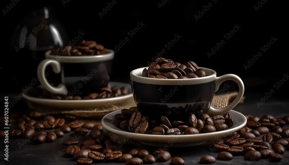 Fototapeta premium Savor the indulgence of rich coffee as it fills a cup, accompanied by the delightful aroma of freshly roasted beans. ☕️