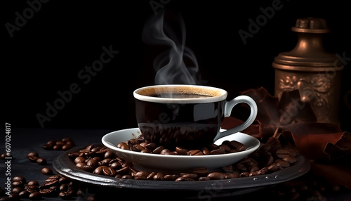 Savor the indulgence of rich coffee as it fills a cup  accompanied by the delightful aroma of freshly roasted beans.       