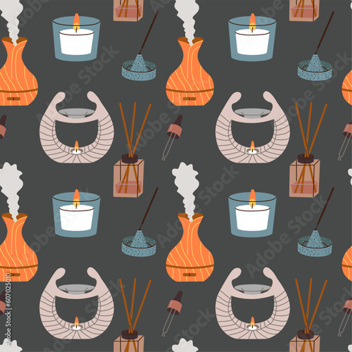 Seamless pattern of home incense, aroma diffuser. Aromatherapy.