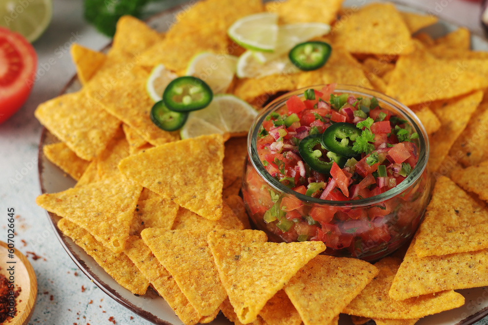 Fresh homemade pico de gallo with corn chips Fresh homemade pico de gallo with corn chips