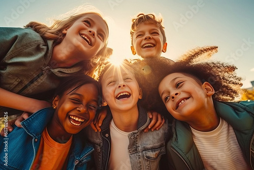 Group of diverse cheerful fun happy multiethnic children outdoors created with Generative AI technology photo