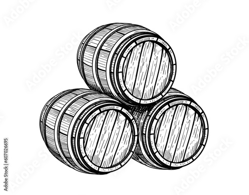 Wooden barrel. Hand drawn engraving wine alcohol barrels ink style illustrations.