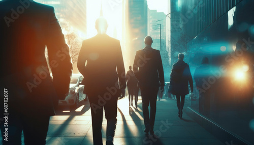 A silhouette group of business people walking to work in an office building wearing suits, with the sun shining and light flare background. generative ai