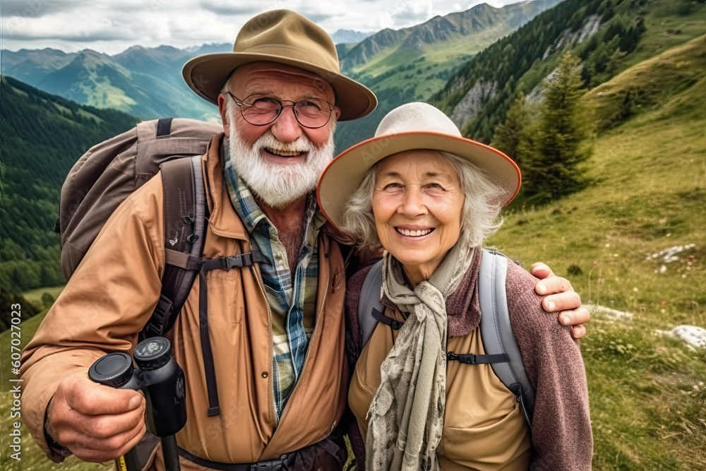 Traveling old couple during a hike in the mountains created with Generative AI technology