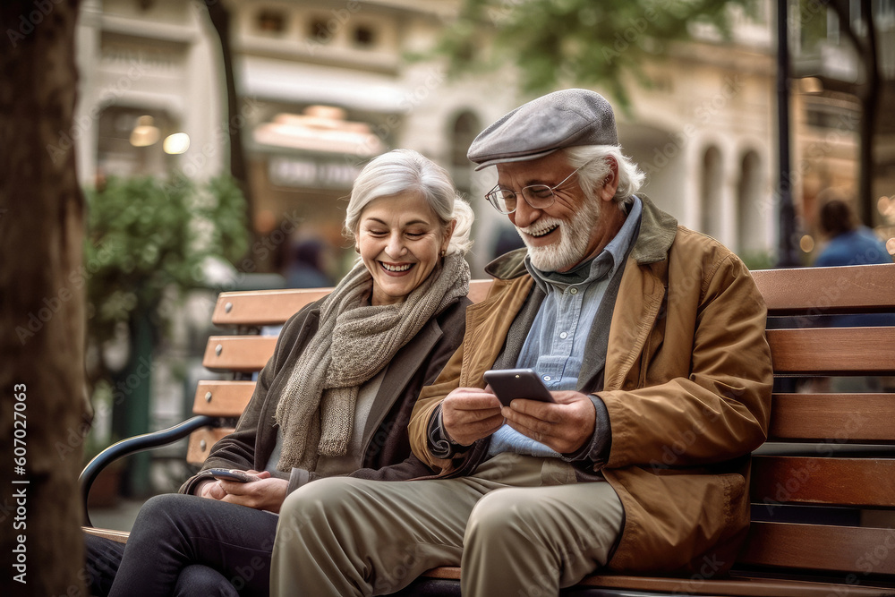 Fototapeta premium Happy satisfied cheerful laughing loving adult couple using phone outdoors made with Generative AI technology