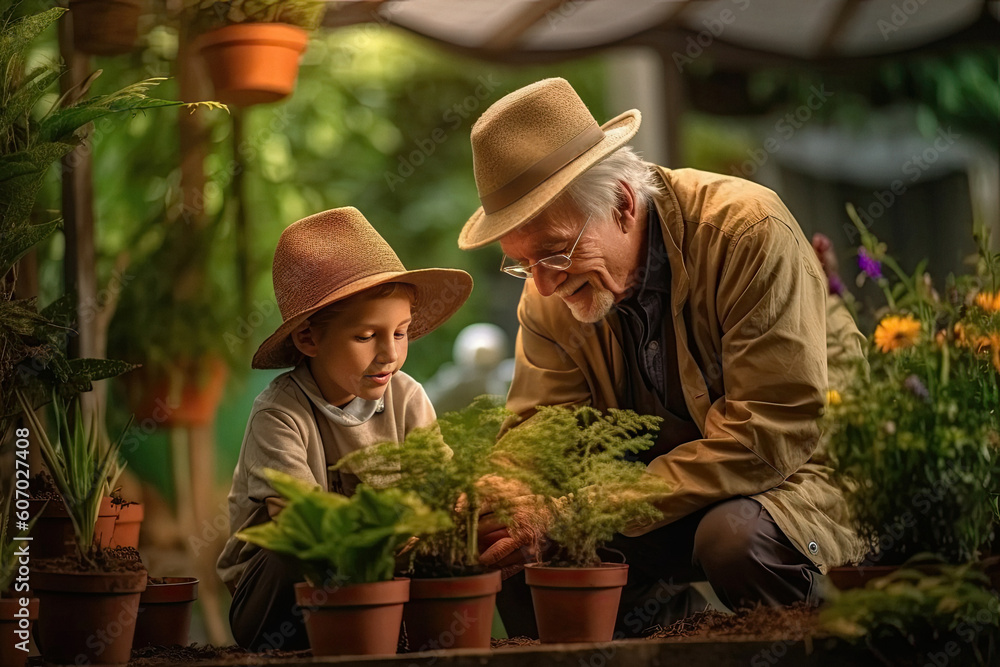 Grandfather with grandson in home garden created with Generative AI technology - obrazy, fototapety, plakaty 