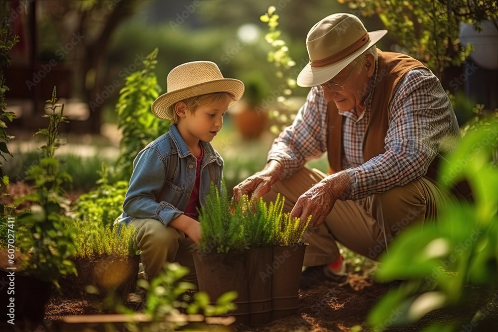 Grandfather with grandson in home garden created with Generative AI technology