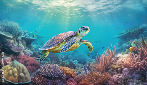 turtle in the ocean by sea with coral reefs and fish, generative AI © Kien
