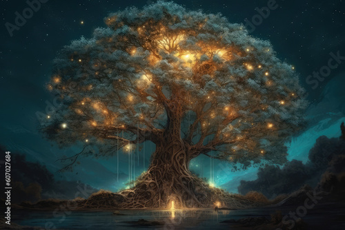 art print of a blue tree with stars inside, in the style of golden light, generative AI
