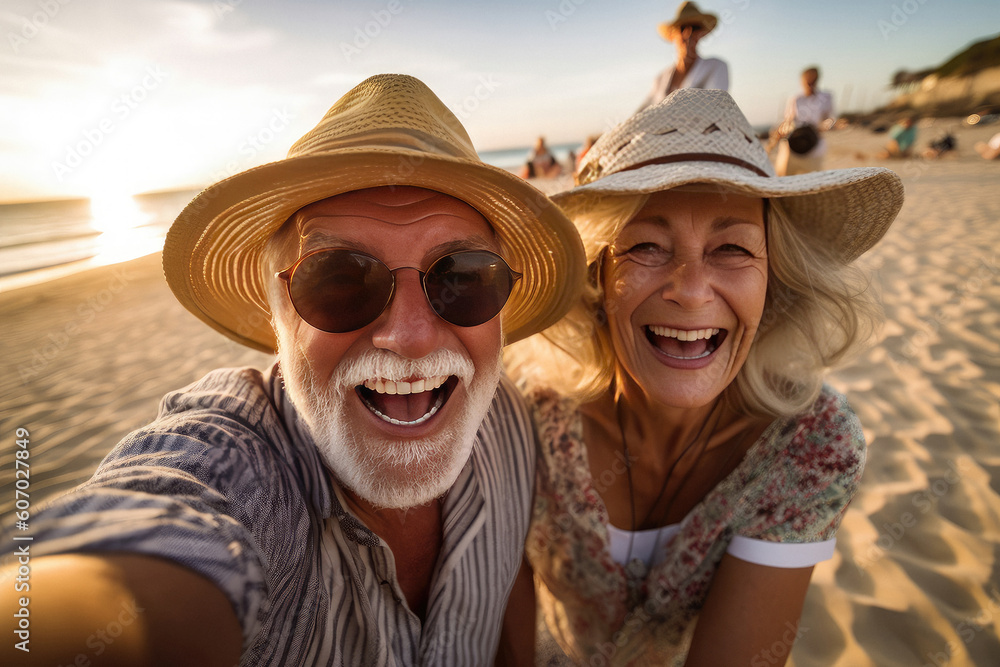 Portrait of happy satisfied cheerful laughing loving adult couple traveling together made with Generative AI technology, sea vacations