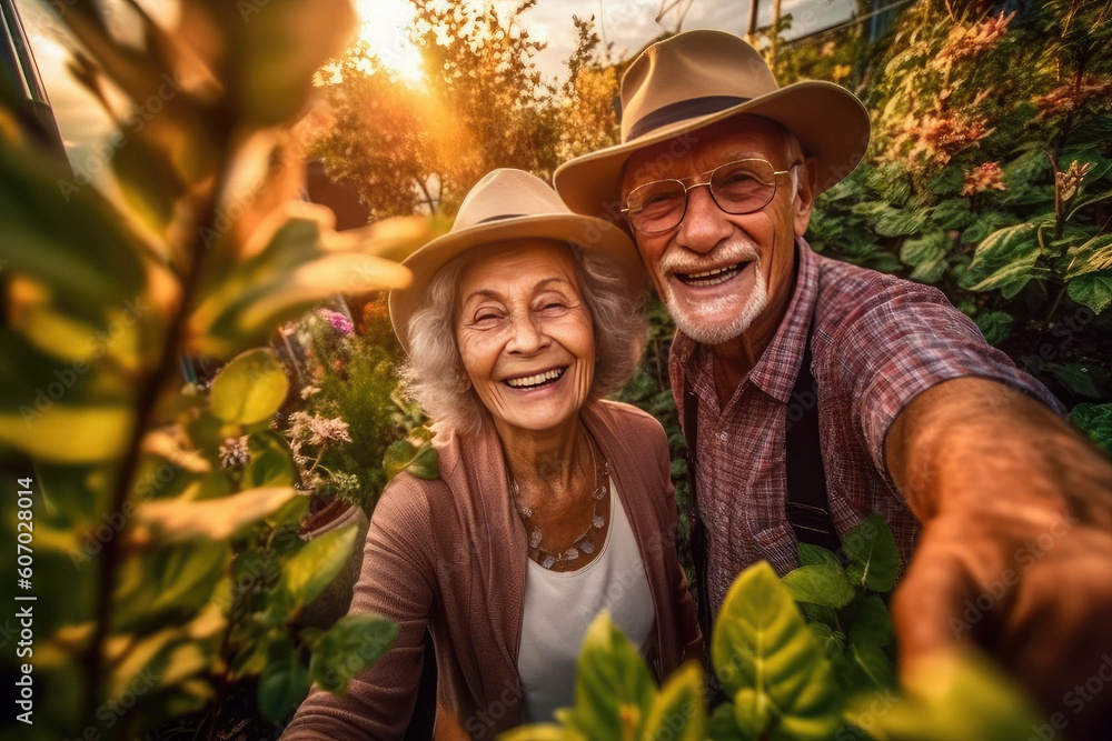 Portrait of happy satisfied cheerful adult couple in home garden made with Generative AI technology Portrait of happy satisfied cheerful adult couple in home garden made with Generative AI technology