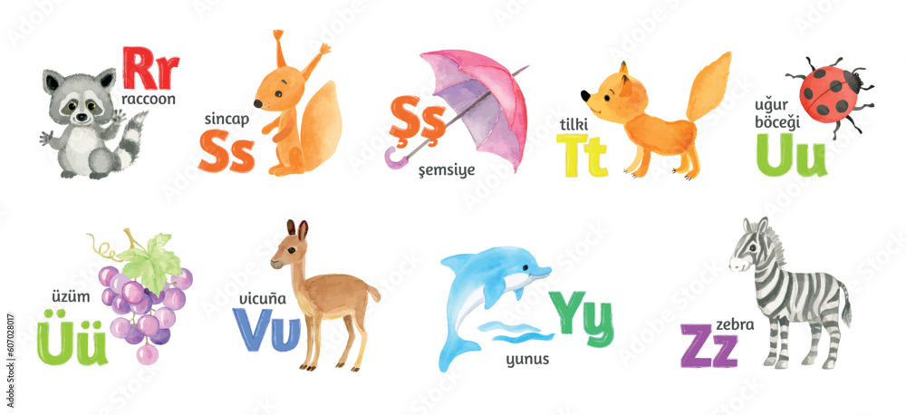 Naklejka premium Turkish letters, the alphabet, illustrated with funny pictures of animals from R to Z on a white background.