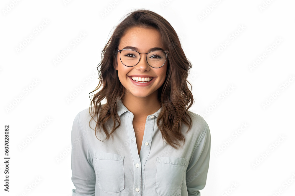 Happy satisfied woman wearing glasses portrait on white background created with Generative AI technology Happy satisfied woman wearing glasses portrait on white background created with Generative AI technology