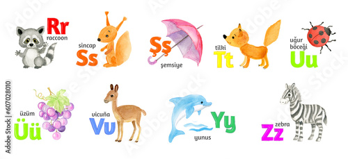 Turkish letters, the alphabet, illustrated with funny pictures of animals from R to Z on a white background.
