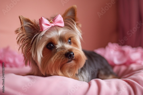 Small Yorkshire Terrier dog with long fur and ribbon lying on pink couch. 