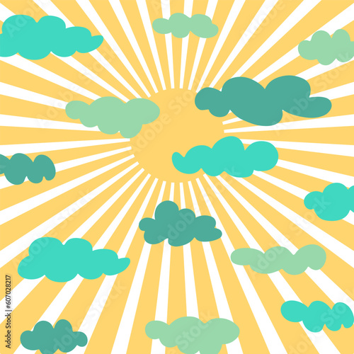 Groovy sun cloudy square banner Abstract retro line art aesthetic 70s style. Trendy 1960s color sunrise groove background. Psychedelic vintage design. Wallpaper hippy poster. Vector illustration.