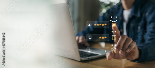 Customer services best excellent business rating experience. Satisfaction survey concept. user give rating to service experience on online application .